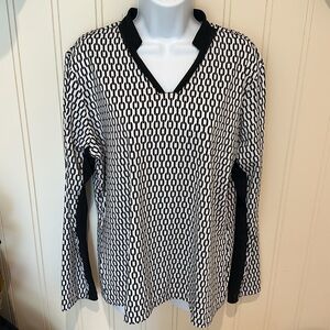 Black and White Patterned Long Sleeve Collared Top XL